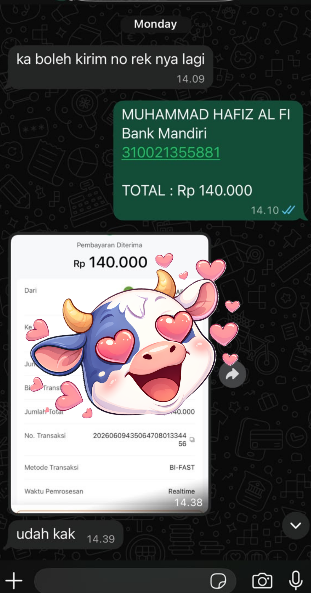 Bukti transfer Pembayaran Diterima Rp140.000